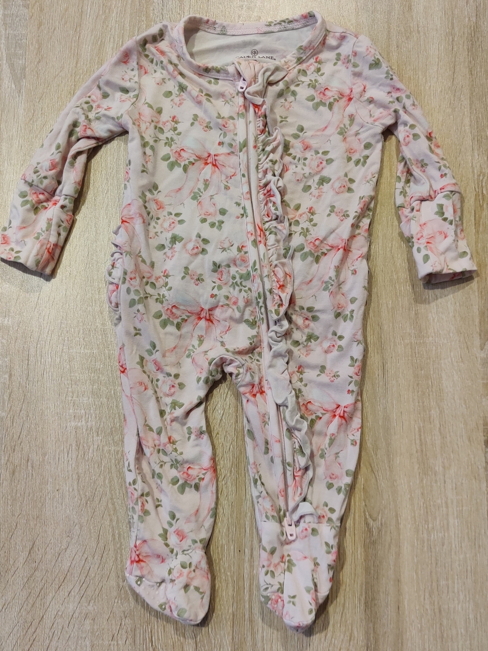 Caden Lane Pink Floral Ruffle Zip Footed One-Piece NB